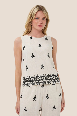 Sleeveless Black and White Embroidered Top