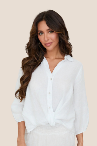 Linen Long Sleeve Front Twist Hem Henley Top