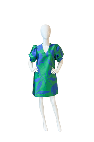 Floral Brocade V-Neck Puff Sleeve Dress
