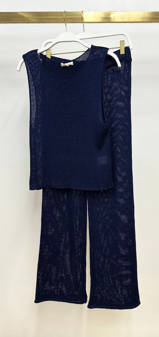Crochet Knit Sleeveless Top And Pants - Navy