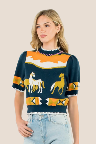Short Sleeve Horse Detail Top