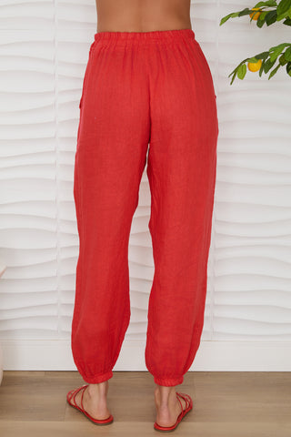 Elastic Waist Linen Pants With Pockets And Cuffed Ankles