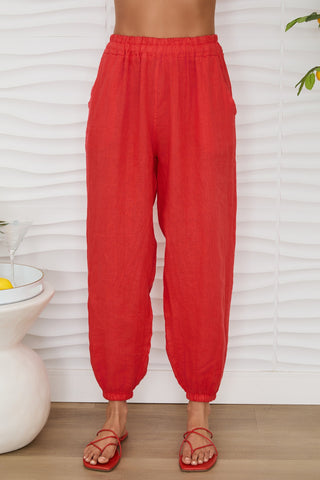Elastic Waist Linen Pants With Pockets And Cuffed Ankles