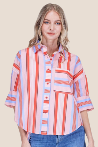 Stripe Button Short Sleeve Shirt