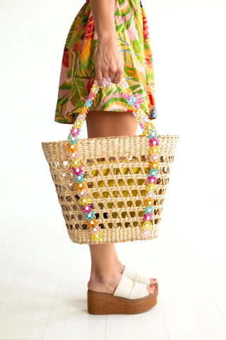 Colorful Beaded Straw Beach Basket Tote