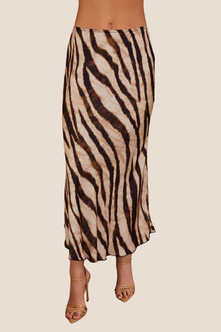 Tiger Print Silky Midi Skirt