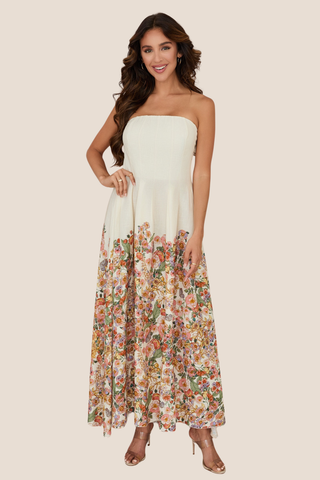Botanical Print Pleated Maxi Tube Dress