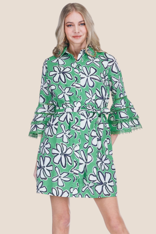 Petal Flared Sleeve Trim Shirt Dress