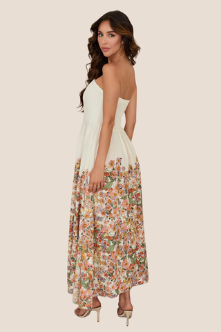 Botanical Print Pleated Maxi Tube Dress