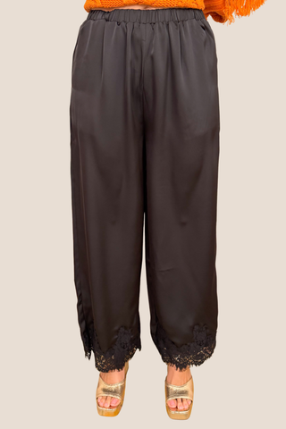 Black Lace Trim Satin Pants