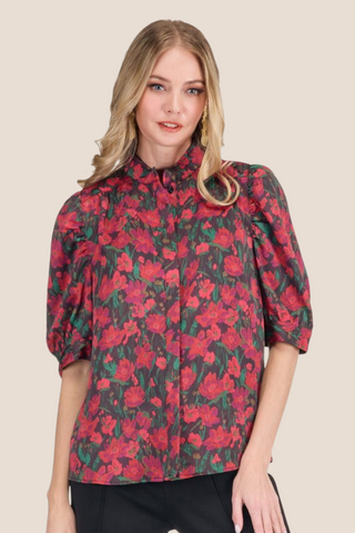 Ruched Sleeve Shirt Crimson Garden