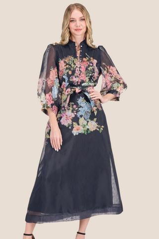 Stand Collar A-Line Dress Moonlit Garden