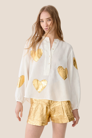 Cupid Linen Shirt w/ Gold Hearts