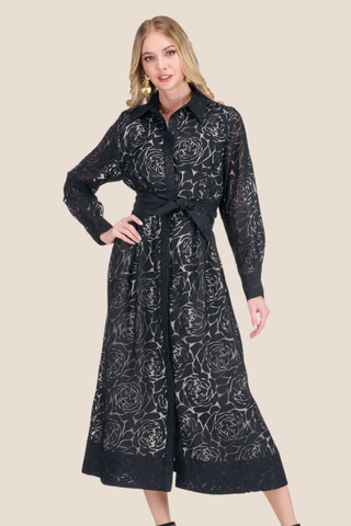 Pleated Waist Shirt Dress Black Burnout Pattern