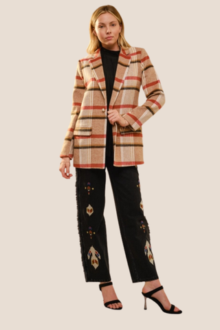 Jewel Button At Front Plaid Blazer