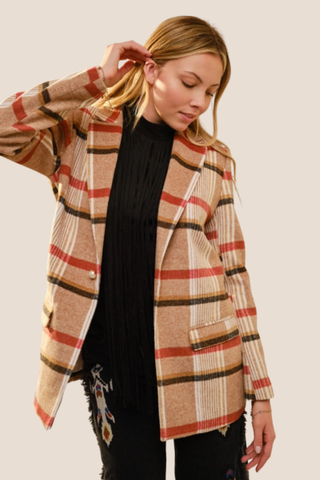 Jewel Button At Front Plaid Blazer