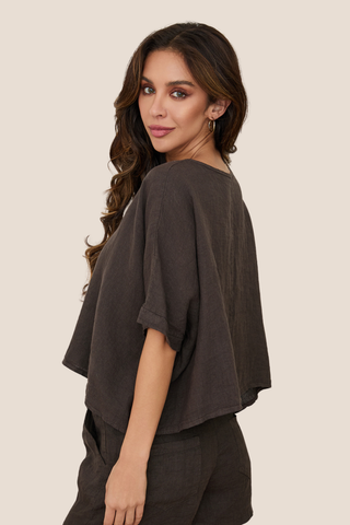 V-Neck Linen Dolman Sleeve Crop Top