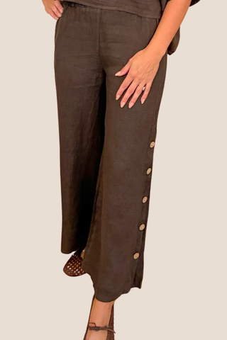Wide Leg Side Button Linen Pants W/Pockets