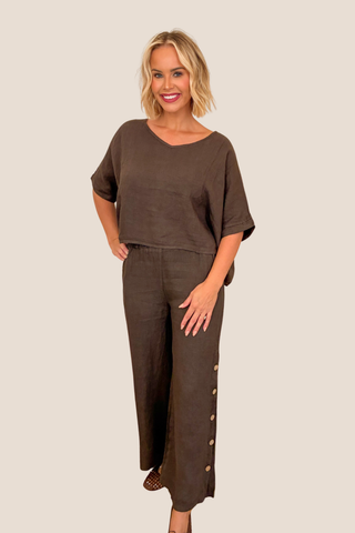 Wide Leg Side Button Linen Pants W/Pockets