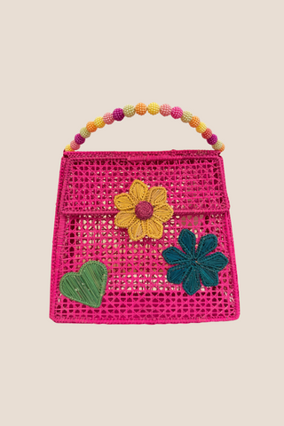 Pink Heart and Flower Beaded Handle Handbag