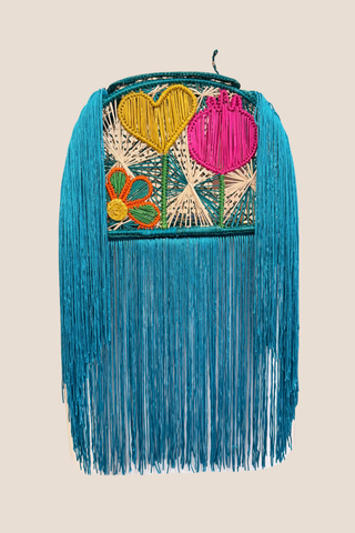 Teal Flower Tulip Heart Fringe Handbag