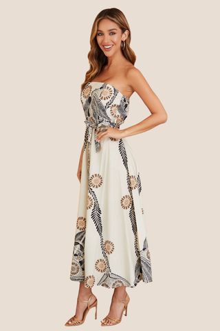 Wide Leg Daisy Print Strapless Romper W/Tie Belt