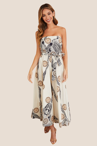 Wide Leg Daisy Print Strapless Romper W/Tie Belt