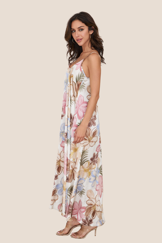 Beige Bahama Floral Print Silky Maxi Slip Dress