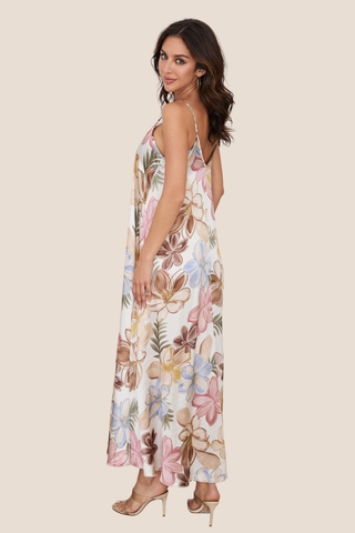 Beige Bahama Floral Print Silky Maxi Slip Dress