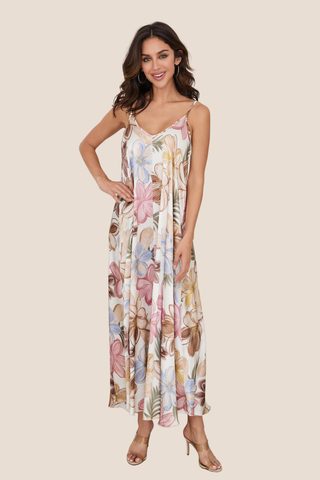 Beige Bahama Floral Print Silky Maxi Slip Dress