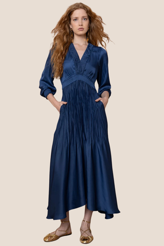 V-Neck Long Sleeve Dress Blue