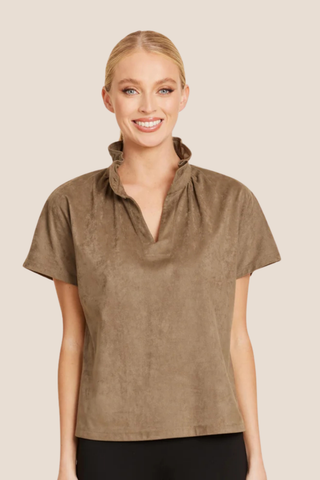 Short Sleeve Ruffle Neck Vegan Suede Top
