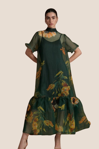 Botanical Print Sheer Overlay Tie-Neck Dress