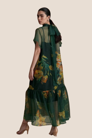 Botanical Print Sheer Overlay Tie-Neck Dress