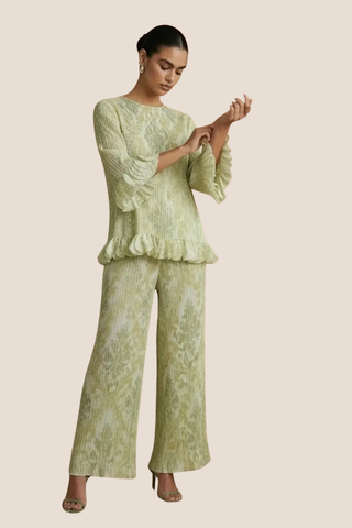 Plissé Chiffon Damask Tunic And Trouser Set - Green