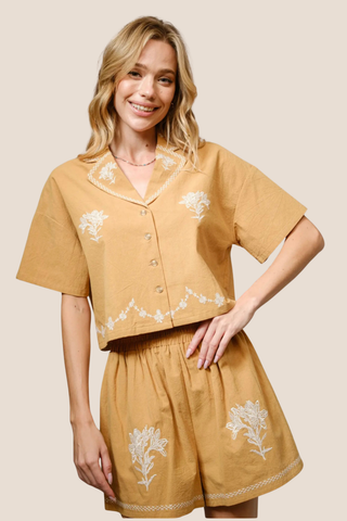 Cotton Embroidered Crop Shirt Set