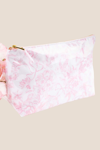 Travel Cosmetic Case, Pink Bow Toile Print