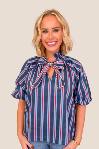 Stripe Puff Sleeve Tie Front Top