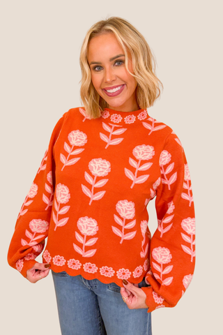 Flower Print Turtle Neck Sweater