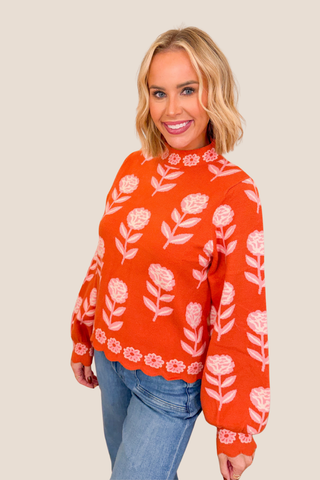 Flower Print Turtle Neck Sweater
