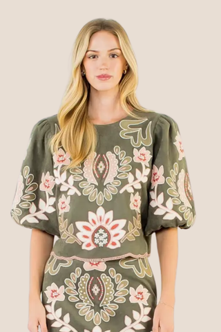 Suede Puff Sleeve Embroidered Flower Top