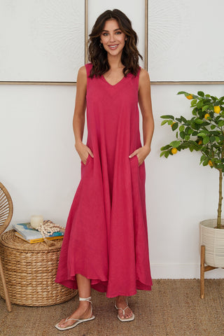 Linen V-Neck/Back Maxi Tank Dress With Pockets