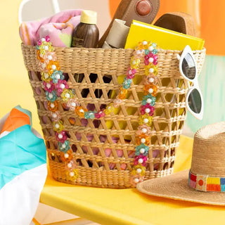 Colorful Beaded Straw Beach Basket Tote