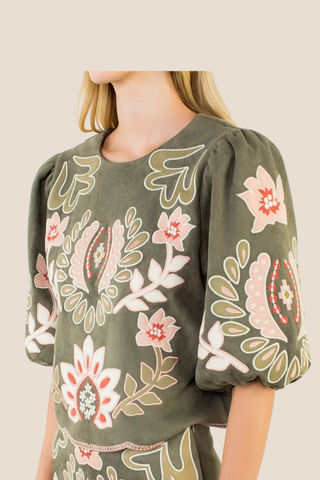 Suede Puff Sleeve Embroidered Flower Top