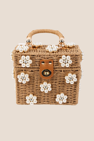 Wicker Bucket Daisy Flower Purse Tan/Brown + Pearl Daisy