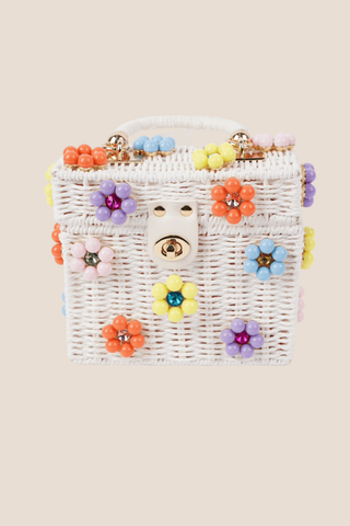 Wicker Bucket Daisy Flower Purse White + Multicolor Daisy